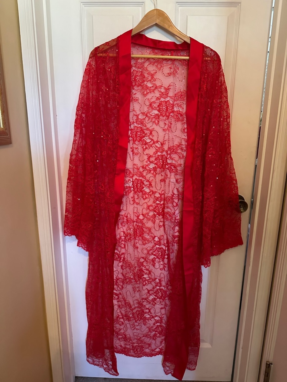 Red Lace Kimono Robe with Satin Trim
